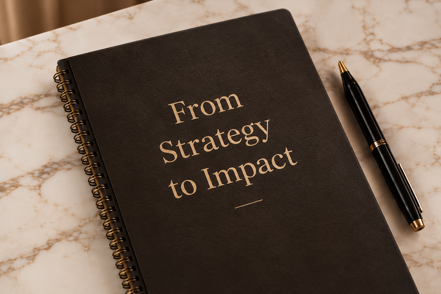 A dark notebook titled From Strategy to Impact with a pen on marble