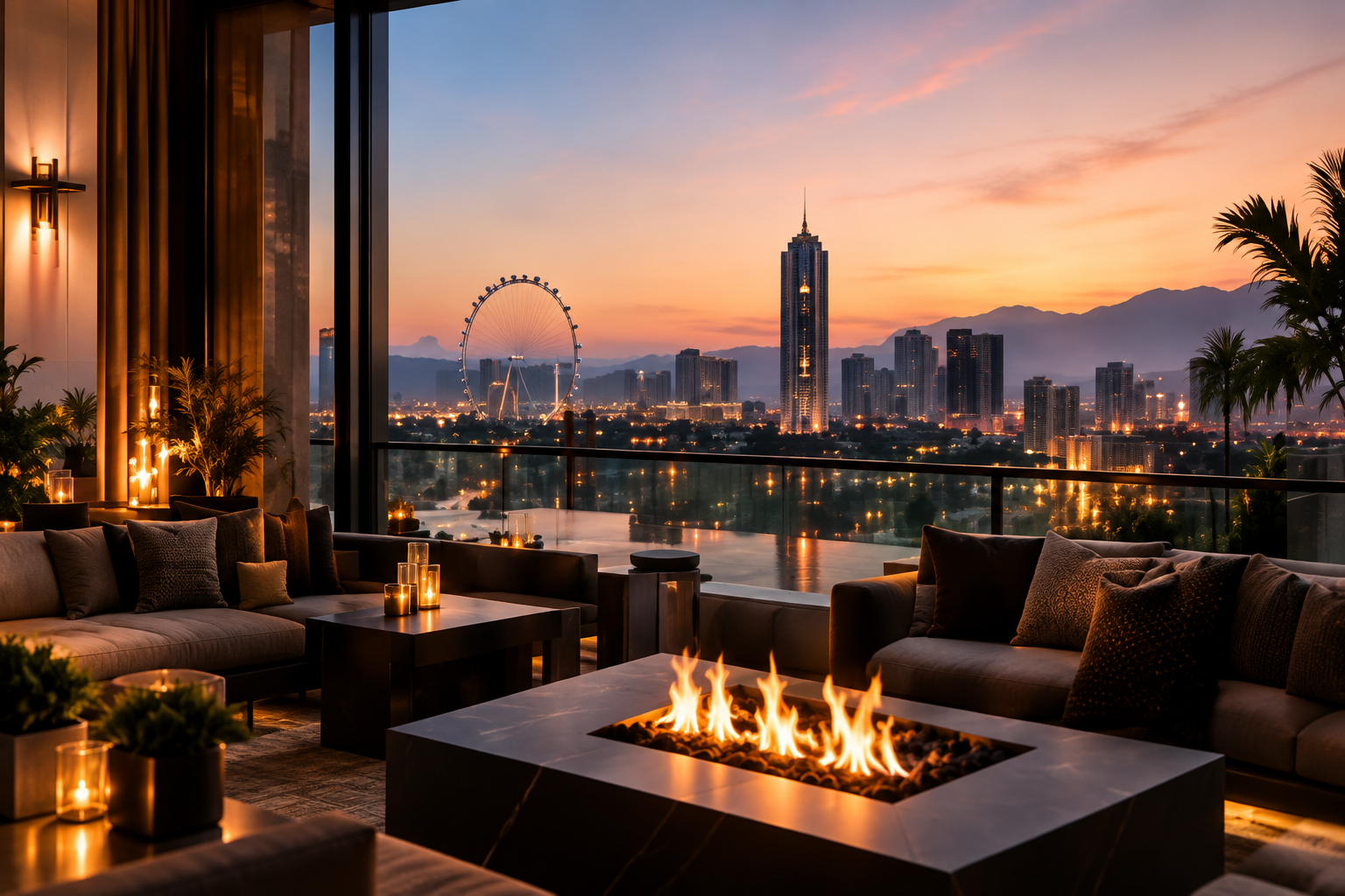 A hospitality terrace at sunset with a fire table and city skyline