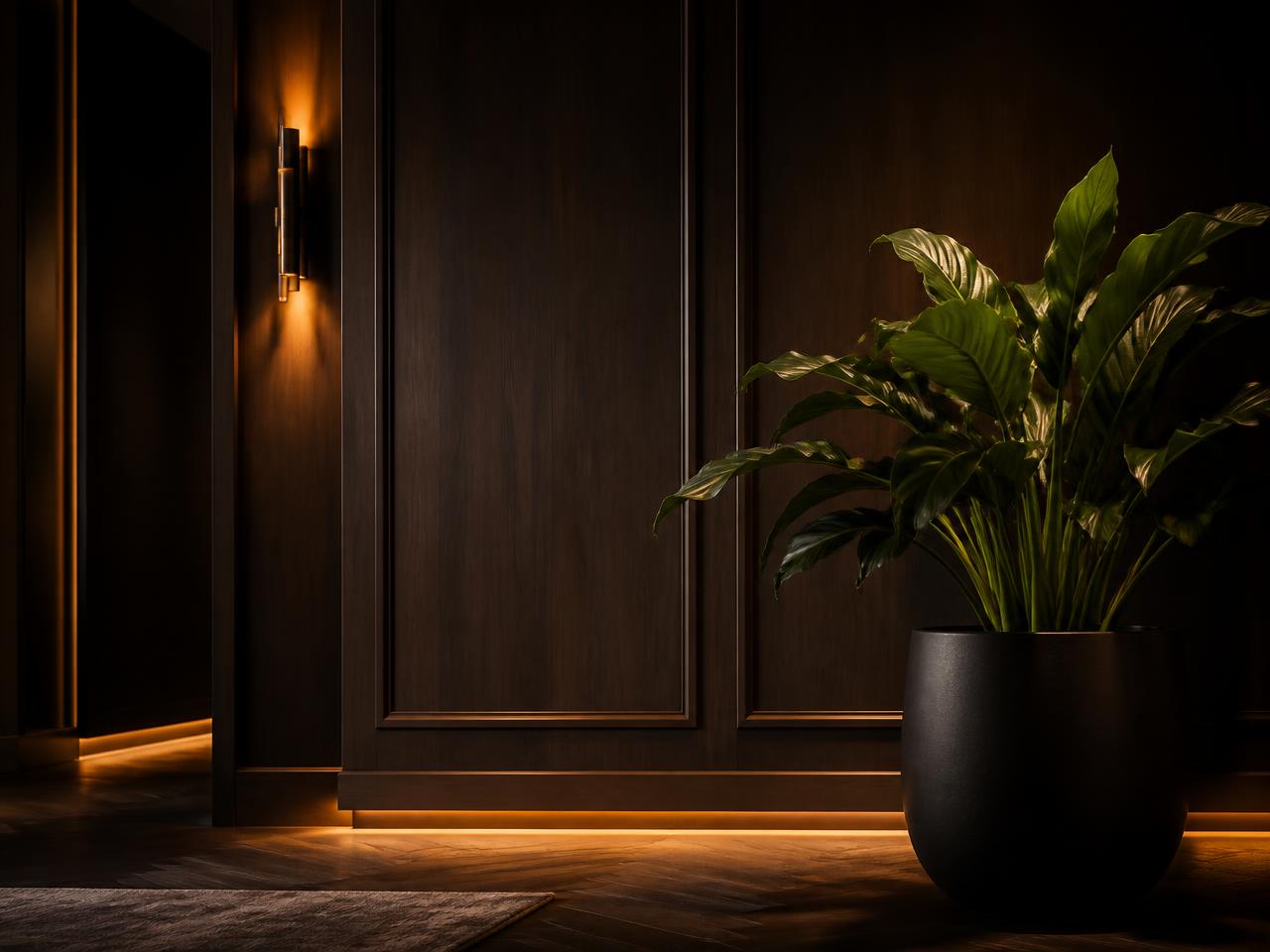 A dark wood panelled wall with warm amber lighting and a large potted plant