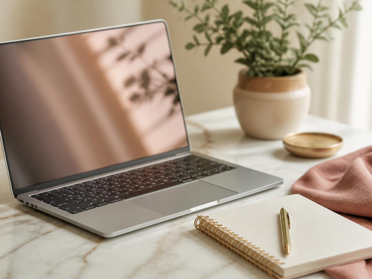 An open laptop on a marble desk beside a notebook and pen in soft daylight