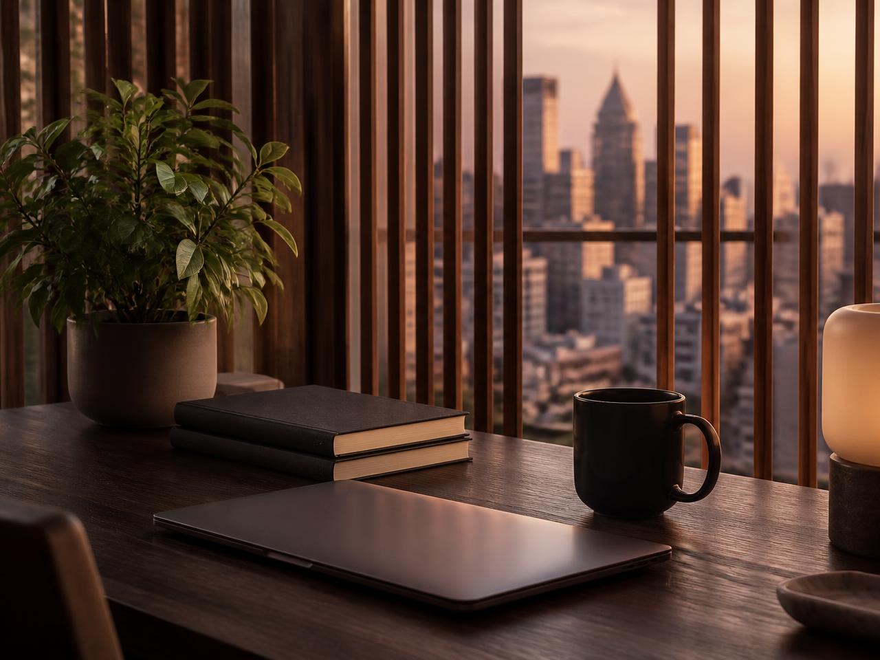 A dark wood desk with a closed laptop, notebooks and coffee near a window at dusk